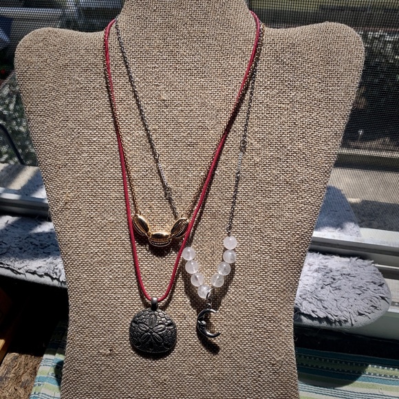 3 Necklaces - Rose Quartz & Moon - Silver Tone Sand Dollar & Golden Cowie Shell - Picture 5 of 5
